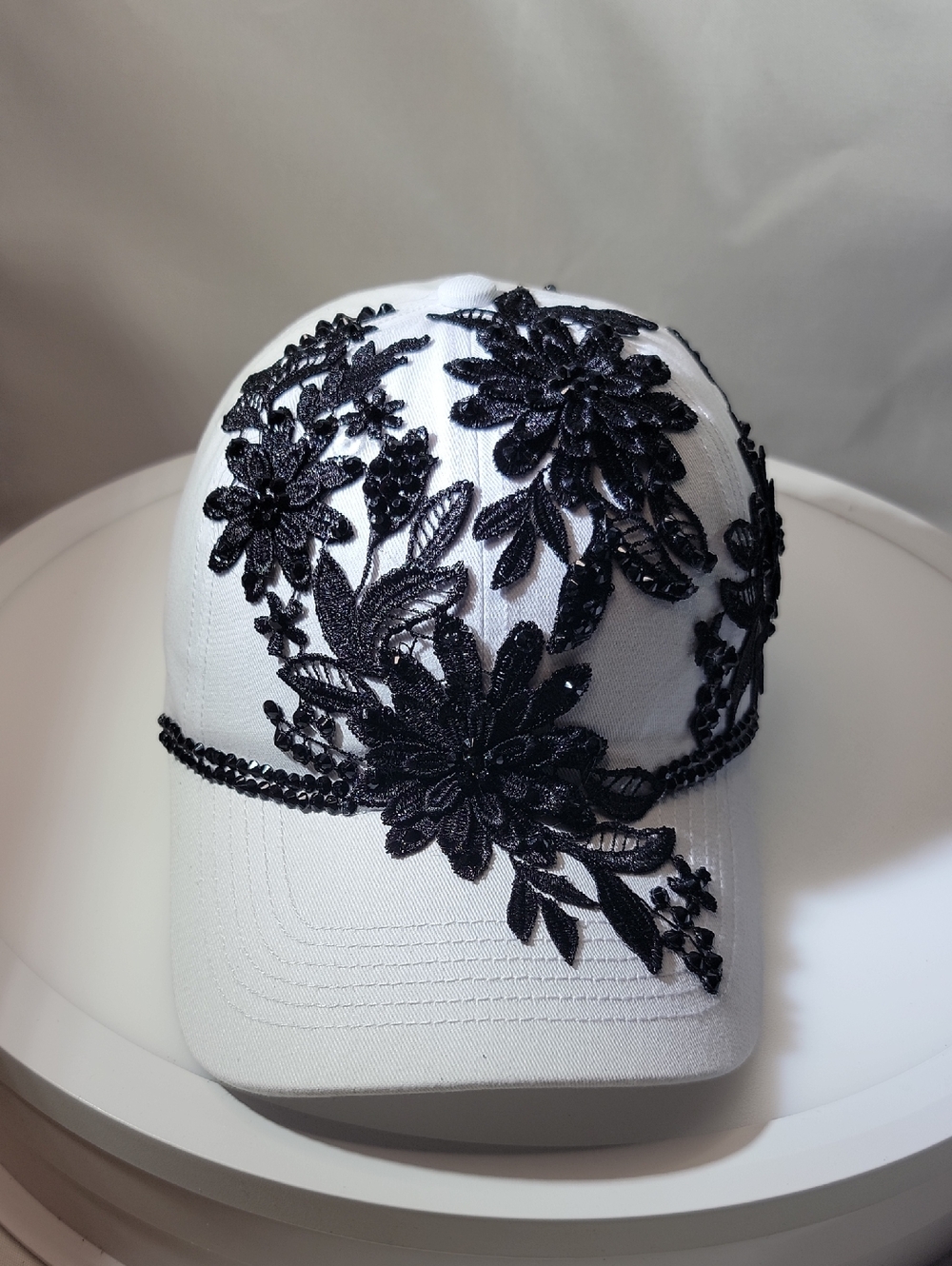 White Baseball Cap with Black Floral Lace Appliqué